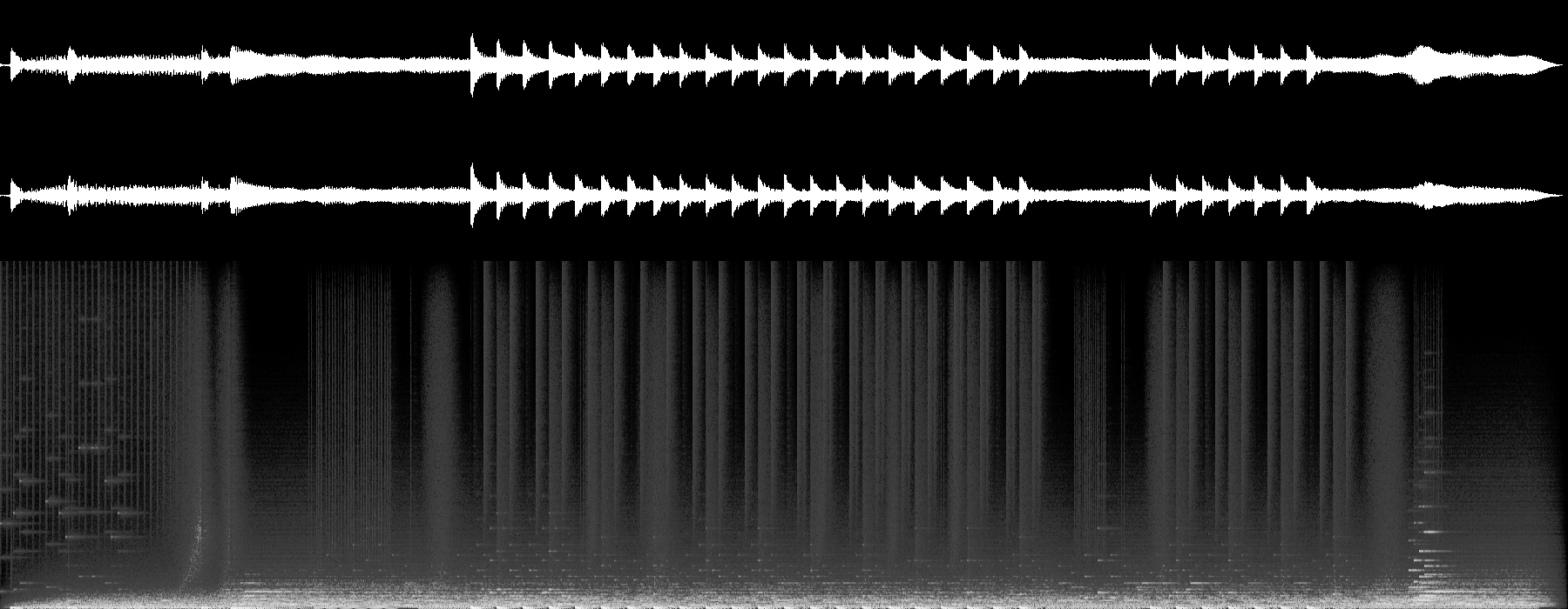 Waveform and spectrogram of the soundtrack: sparse intro, typing clicks, groove from the SERP reveal, a breakdown, the sonic logo and a clean decay