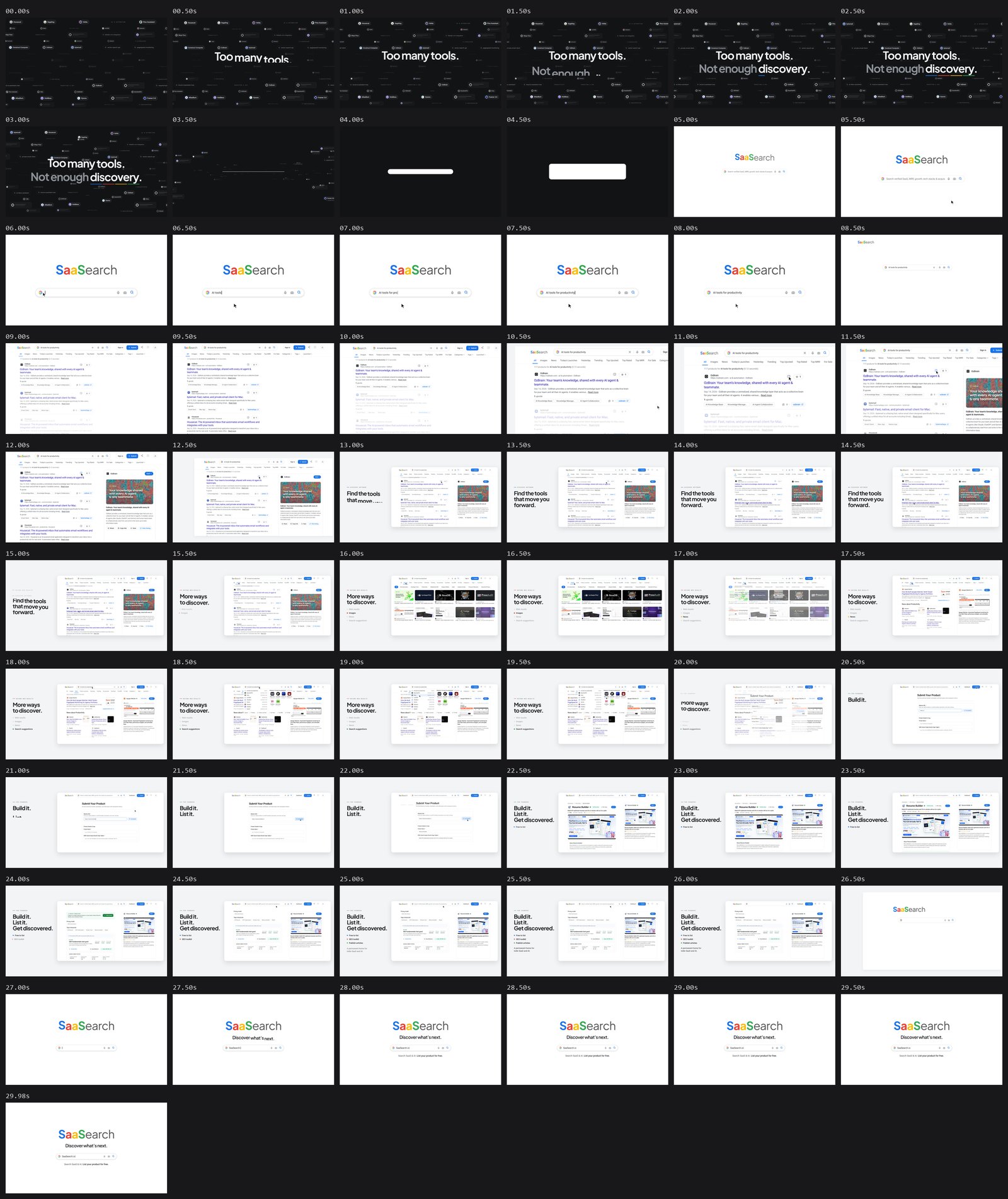 Contact sheet of the final film with a frame every half second from 0 to 30 seconds