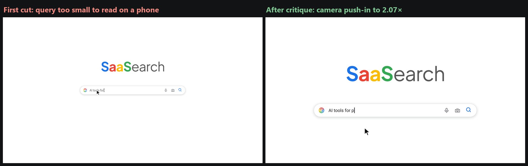 Before and after: the search scene at original size versus pushed in to 2.07x so the typed query reads on mobile