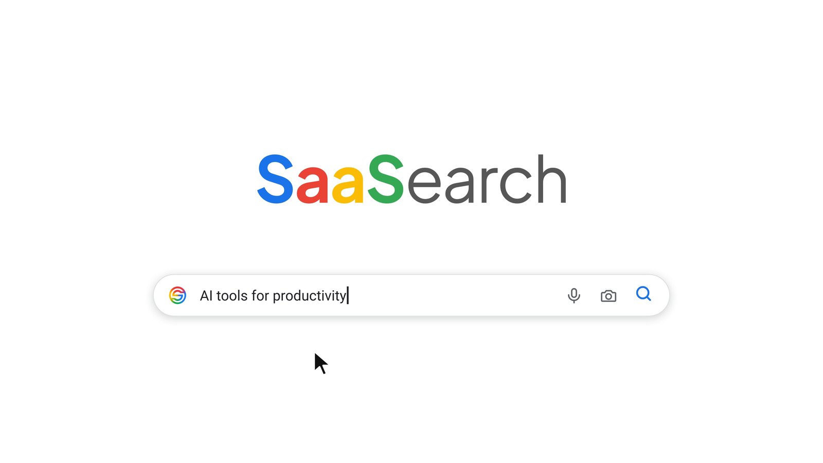 Scene 02: the SaaSearch wordmark and search bar, camera pushed in while the query is typed