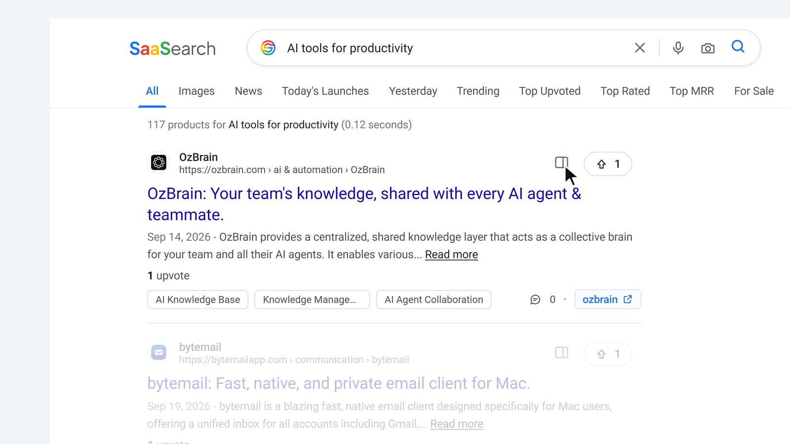 Scene 03: camera pushed in on the first real search result, OzBrain