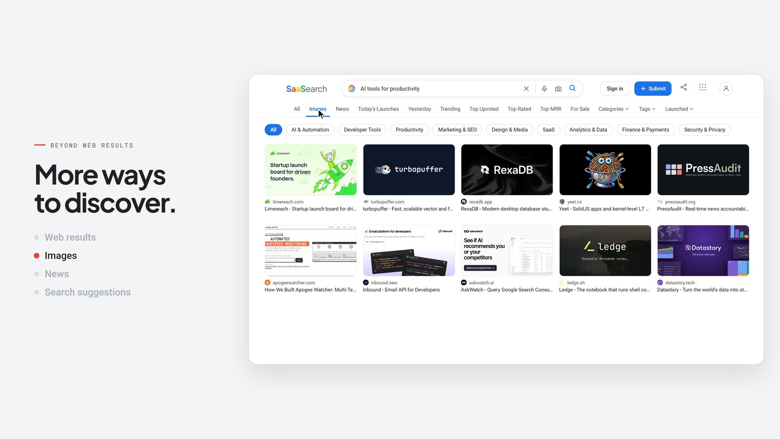 Scene 04: the Images tab with real product imagery and the "More ways to discover" statement