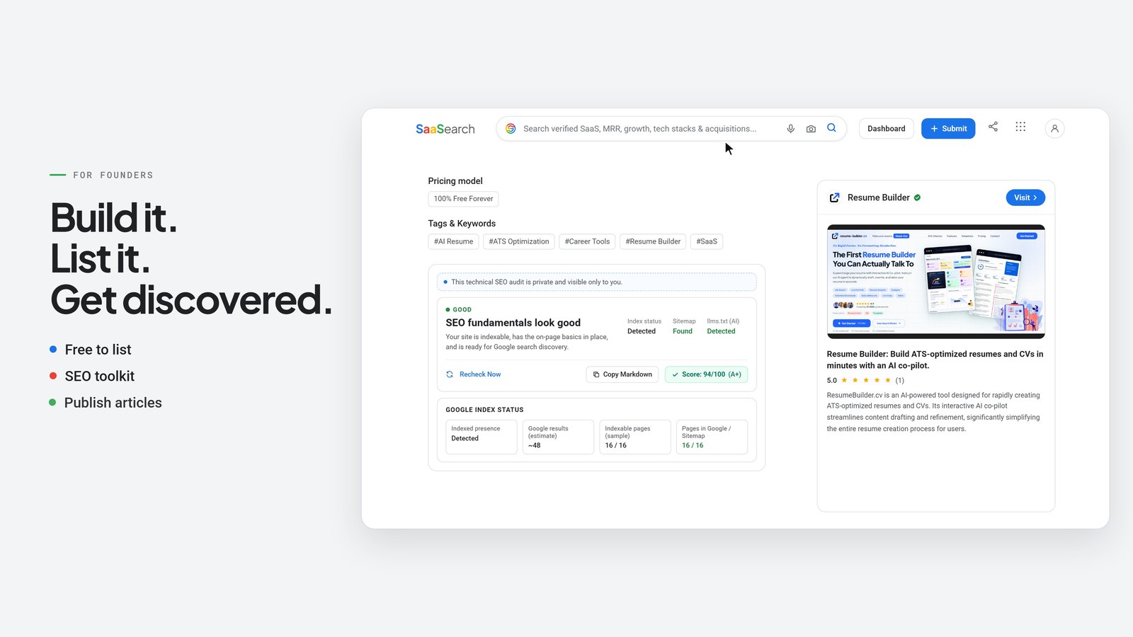 Scene 05: the founder's private SEO toolkit card with "Build it. List it. Get discovered."