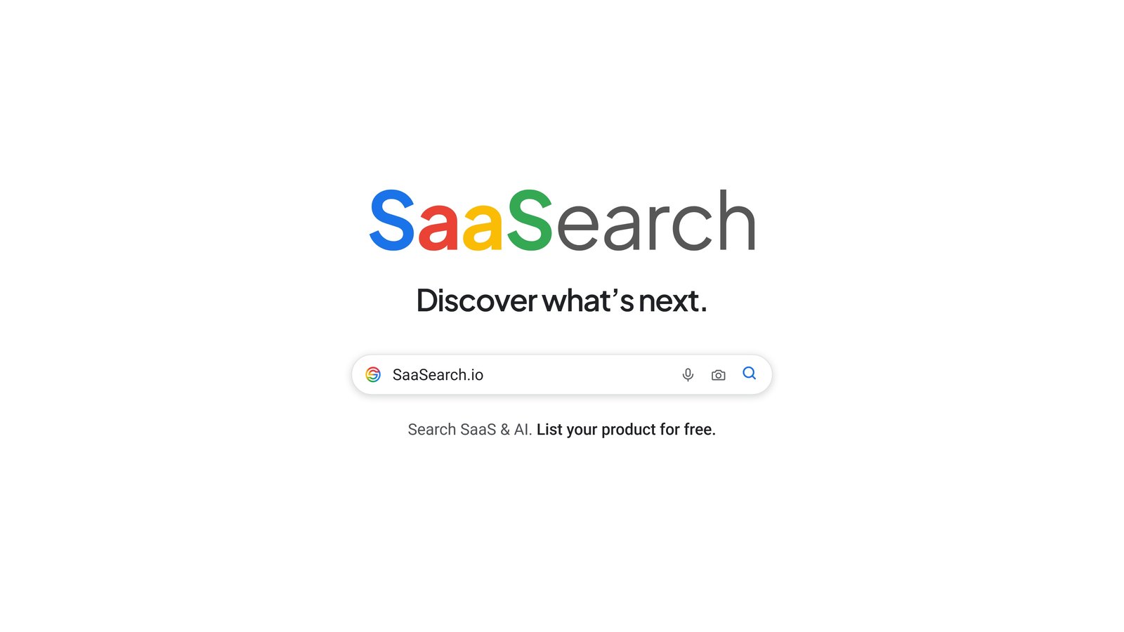 Scene 06: end card with the SaaSearch wordmark, "Discover what's next.", a search bar reading SaaSearch.io, and "Search SaaS & AI. List your product for free."