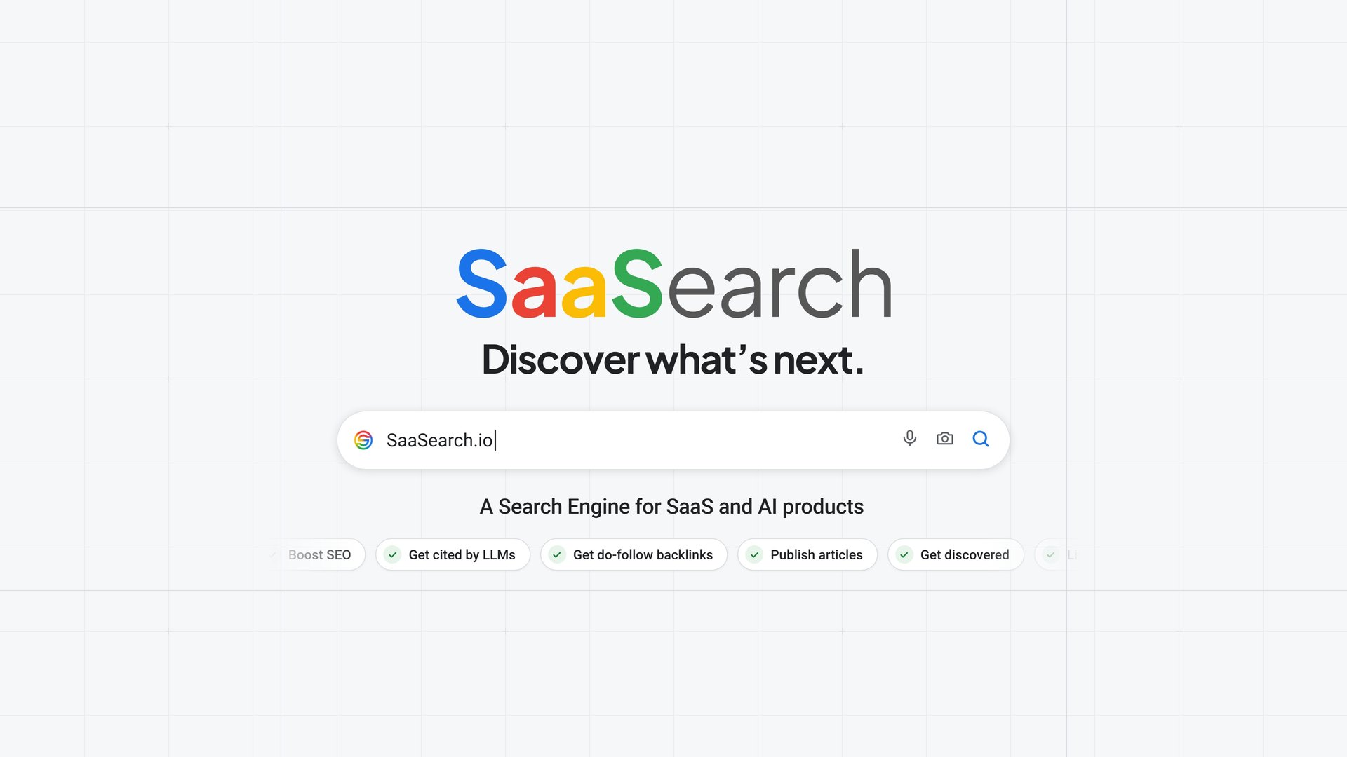 Scene 07: the end card with the wordmark, "Discover what's next.", the search bar, the typed positioning line and the benefits ticker
