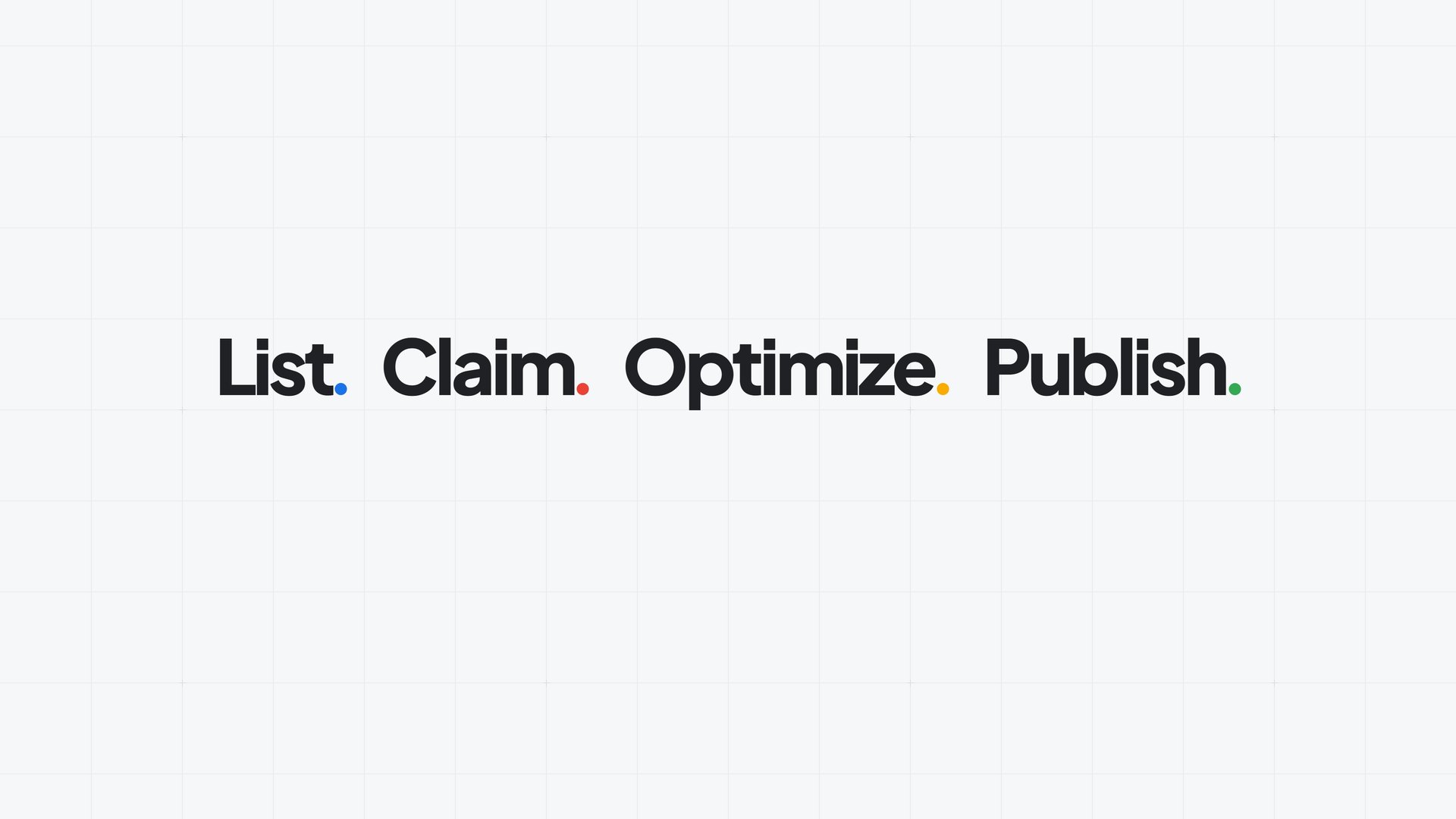 Scene 05: the four founder verbs, each with a dot in a wordmark colour