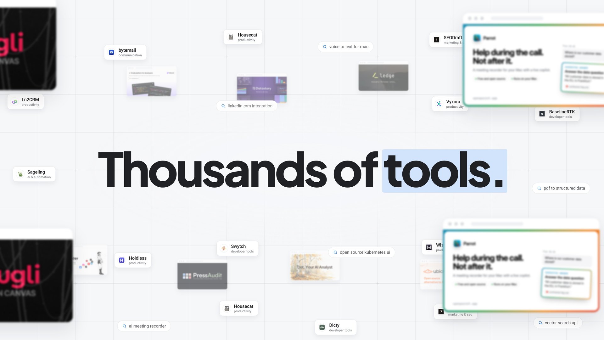 Scene 01: depth field of real product windows behind the headline "Thousands of tools."
